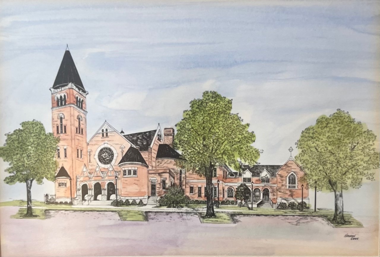 Watercolor painting of Church Street United Methodist Church, showing the brick bell tower, sanctuary, and fellowship hall surrounded by trees